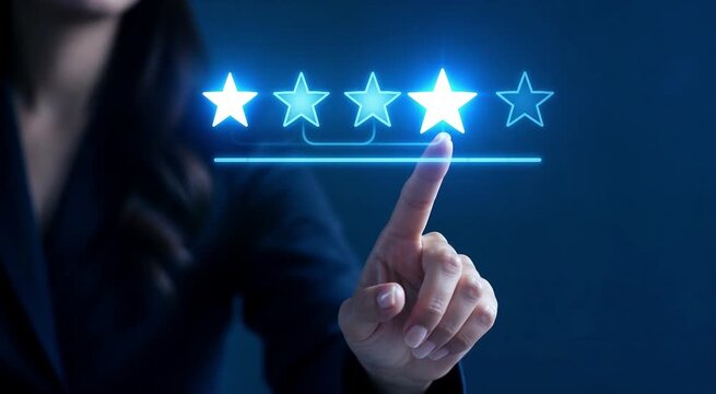A person drags a slider across a virtual screen to change a product or service review rating from one star up to five stars. 