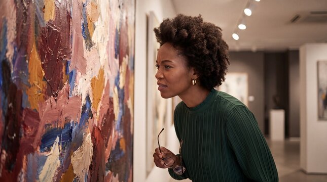 Woman examining colorful abstract painting in modern art gallery. Visitor appreciating artwork.