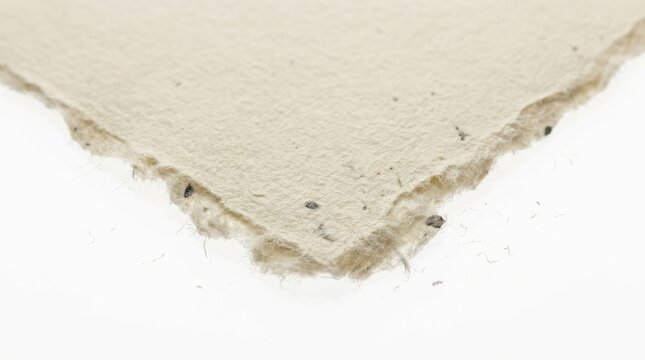 Torn seeded paper fragment rests on a white surface displaying visible fibers and embedded seeds biodegradable cellulose craft decay decomposition delicate disintegrated eco friendly fibrous handmade