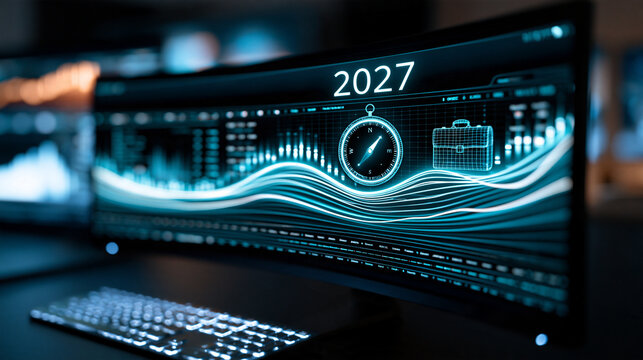 Photographic view of a curved monitor displaying "2027" above a glowing multi-line financial dashboard with wireframe compass and briefcase symbols, cool cyan luminous lines agains