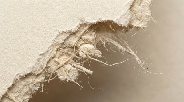 Torn beige paper reveals fibrous material underneath showcasing a damaged surface texture rip damage fragment close up macro detail roughness fragmented disintegration decay worn aged distressed
