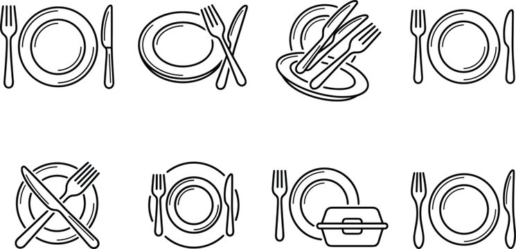 Restaurant Cutlery and Plate Vector Line Icon Set with Forks, Knives, and Food Containers for Dining Menus, Cafes, Catering, and Kitchen Branding