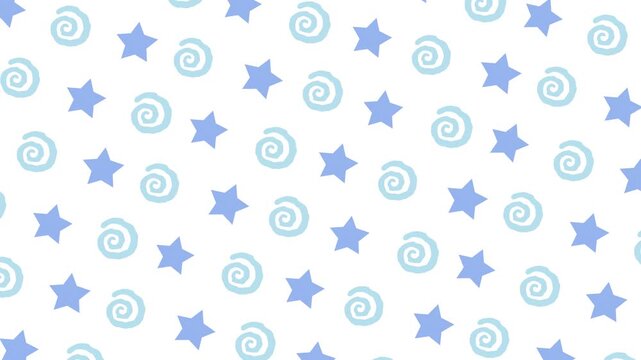 Seamless cartoon pattern of blue stars and spirals scrolling on white