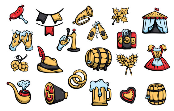 Oktoberfest elements set. Hand drawn doodle clipart collection for Bavarian beer festival, German food, traditional clothing, music and celebration decor