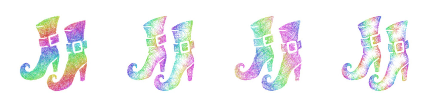 Multicolor sketch witch boots icon design set
