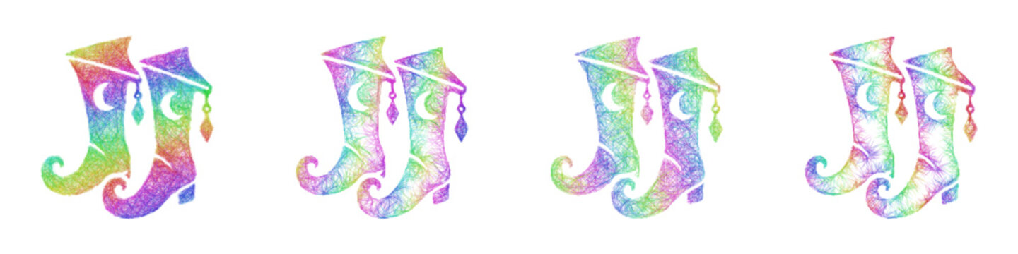 Rainbow sketch wizard boots icon design set