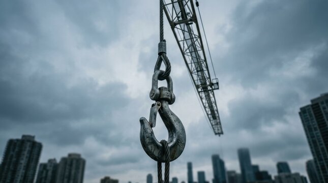 Tower crane hook and steel cable against cloudy city sky with blurred high-rise skyline construction site
