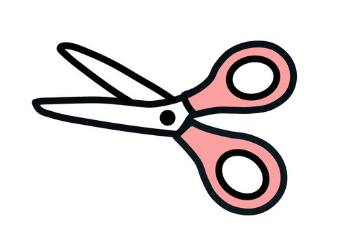 Pink scissors icon with open blades in outline style