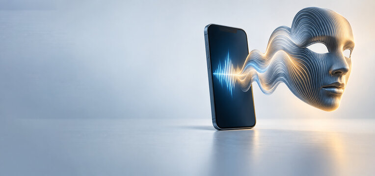 Conceptual 3D render of a smartphone emitting a glowing audio waveform that transforms into a metallic human face. AI voice and digital identity. Voice fraud, deepfake impersonation and scam calls.