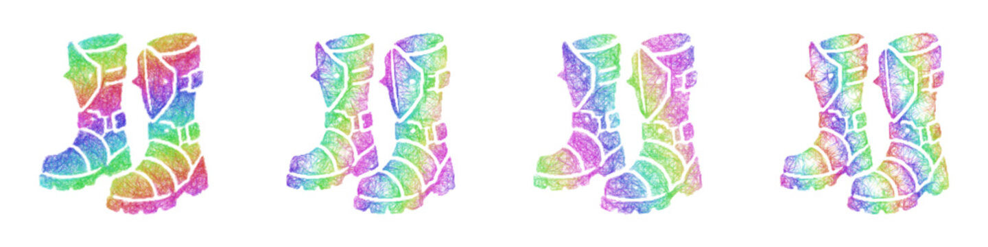 Multicolor sketch battle boots icon design set