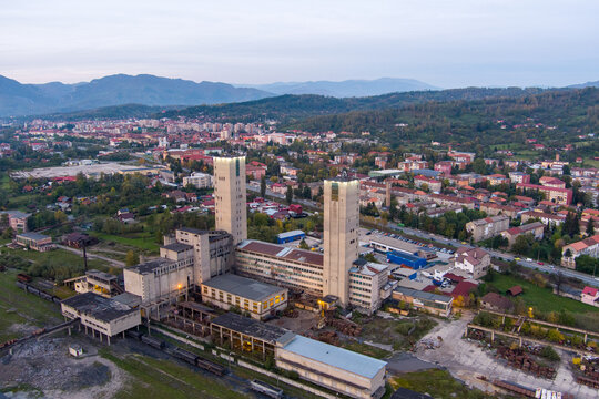 Aerial view of the Mina Livezeni industrial complex with its two prominent concrete towers situated near the town of Petrosani, Judetul Hunedoara, Romania.