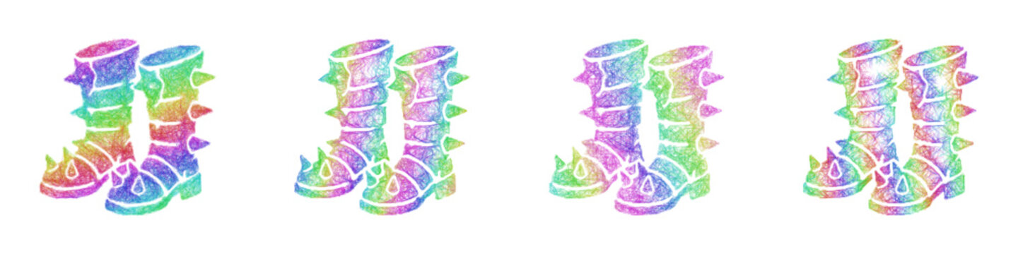 Multicolored sketch spiked boots icon design set