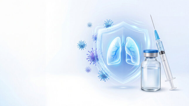 Pneumococcal vaccination concept with protected lungs, syringe, vial and pathogen particles, illustrating immunization against pneumonia and respiratory disease.