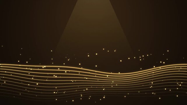 Luxury Golden Wavy Lines Background with Floating Glowing Particles and Soft Cinematic Spotlights Eff
