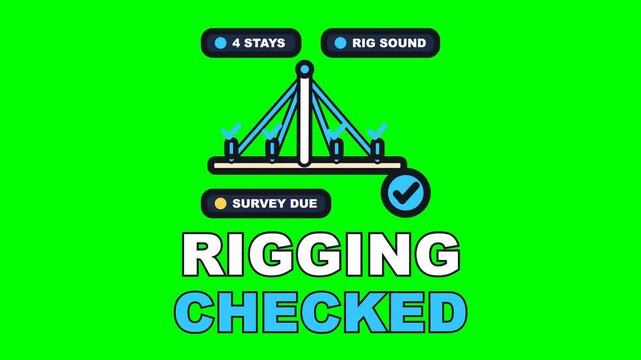4K green screen RIGGING CHECKED animated text - the gauge goes round the stays until the whole rig is signed off, kinetic typography marine and boatyard overlay, chroma key