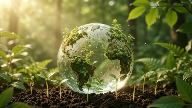 Earth Day glass globe with moss continents in a lush forest environment