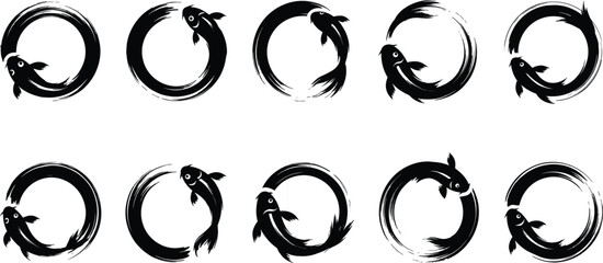 Fototapeta premium Japanese Koi Fish Enso Circle Vector Set Featuring Black Ink Brush Stroke Silhouette Icons for Zen Philosophy Yoga Studios and Martial Arts Logos