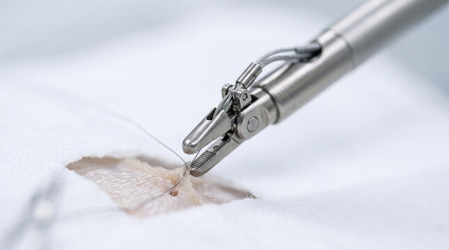 Surgical instrument using precise forceps to suture delicate tissue in sterile setting
