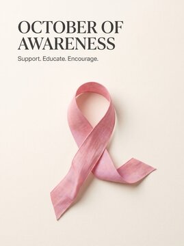 Pink awareness ribbon poster design with october of awareness text on a light background with support educate encourage