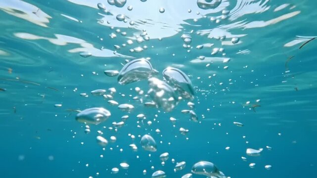 Underwater Bubbles Rising Towards Sunlit Surface, Clear Blue Ocean Water