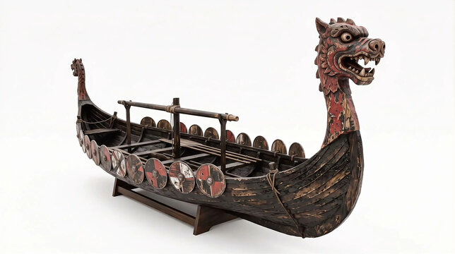 Wooden model of a traditional medieval viking longship with dragon figurehead and shields on white background