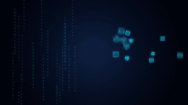 Abstract digital data stream animation with glowing blue binary cubes forming a modern technology bac