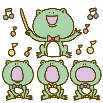 カエルが集まって鳴いている（歌っている）イラスト。