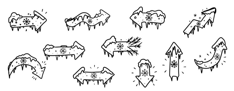 hand drawn black arrow in winter frost christmas style decoration showing various directions isolated on white or transparent png
