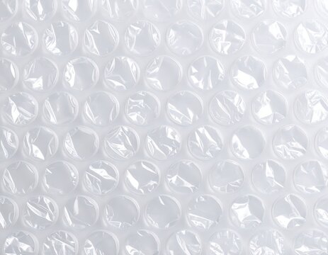 A close-up of a sheet of clear plastic bubble wrap with rows of transparent, air-filled circular cushions arranged in a grid pattern.