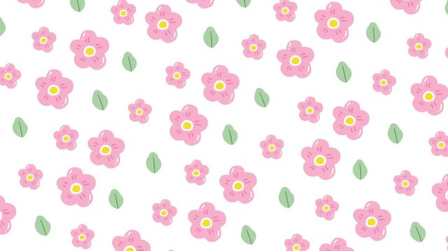 Seamless looping animated pattern with pink flowers and green leaves