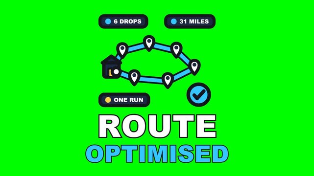 4K green screen ROUTE OPTIMISED animated text - the tangled drop list untangles into one clean run, kinetic typography courier and last mile delivery overlay, chroma key
