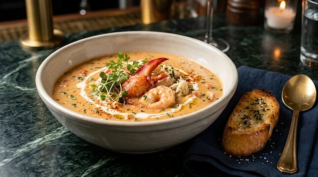 Delicious creamy lobster bisque soup served in a white bowl with fresh herbs and toasted bread slice. New Orleans Cuisine