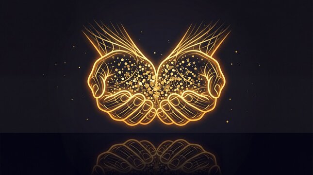 Glowing golden hands cupped with sparkling light, spiritual magic energy in cupped hands, mystical golden light illustration on dark background