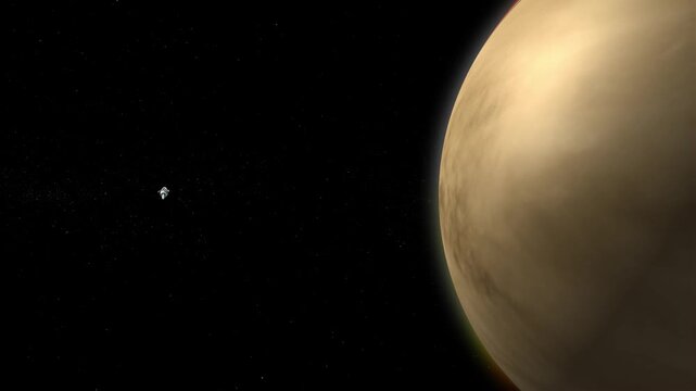 Venus slowly rotating with a small artificial satellite rotating nearby in deep space, dark cinematic background with copy space