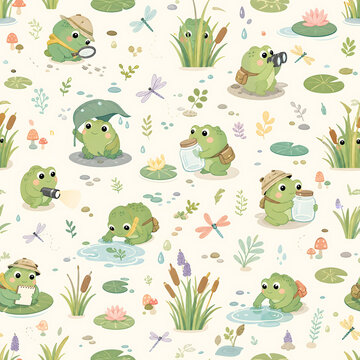 Cute frog seamless pattern with cute cartoon frogs, green leaves, flowers, and natural elements on white background, ideal for nursery wallpaper, kids clothes, and print on demand products