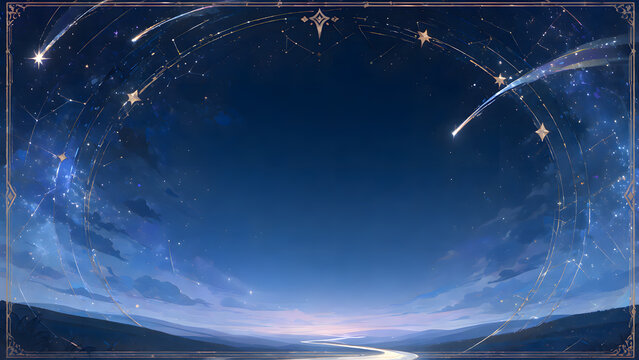 流れ星がきらめく夜空のフレーム背景、神秘的でロマンチックな雰囲気、願い事をテーマにした広告向け