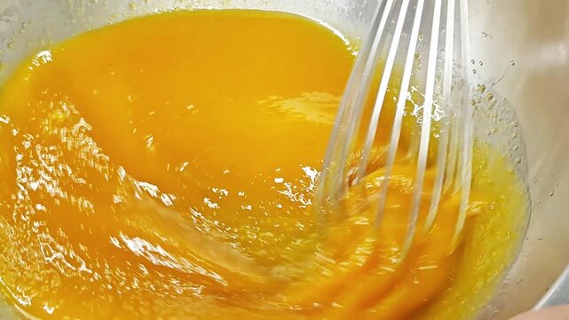 Whisking egg yolks and sugar with a metal whisk in a bowl.