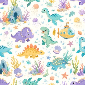 Cute dinosaur seamless pattern featuring colorful cartoon dinos and eggs in soft pastel tones for kids nursery decor, baby clothing, fabric print, pod wallpaper, and children stationeries design
