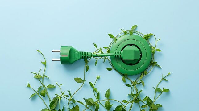 Green electric plug connected to socket entwined with fresh climbing vines on light blue background