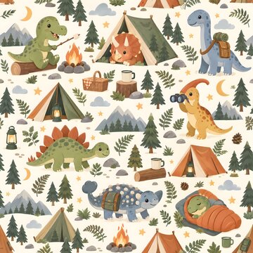 Cute dinosaur camping seamless pattern with cartoon dinosaurus camping tents campfire trees and nature background for kids apparel pod products and nursery decor