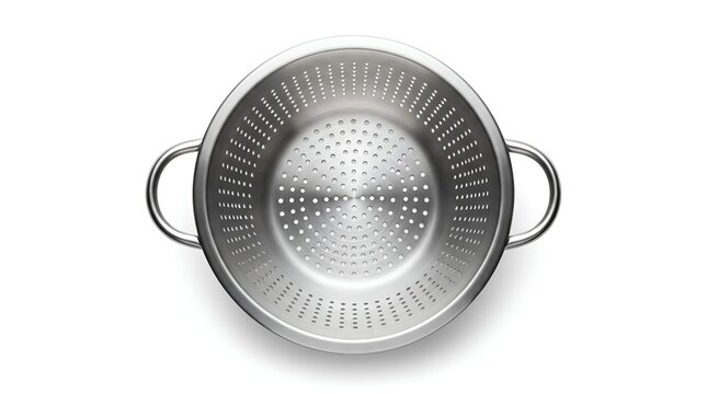 Stainless steel colander with handles isolated on white background.