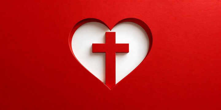 Minimalist red paper heart cutout with Christian cross, white background, religious concept