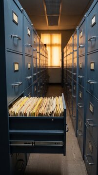 Open file cabinet drawer filled with organized yellow folders inside long narrow office archive storage room