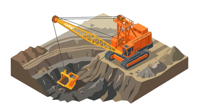 Isometric orange dragline excavator digging earth in open-pit mine, isolated on transparent background