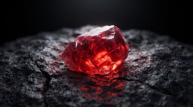 Glowing red ruby gemstone resting on a dark textured volcanic rock surface