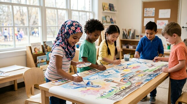 Diverse group of happy children painting together on a large paper roll in a bright classroom.
