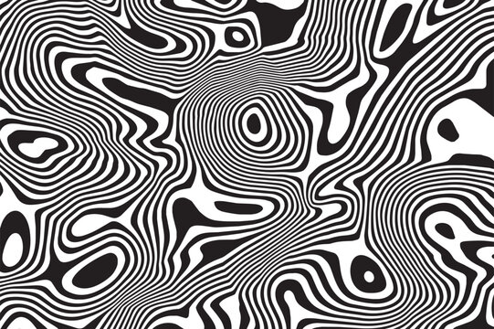 Abstract black and white background with liquify lines effect. Liquid wavy motion template with marble ripple ornament. Striped dynamic print with spiral and twirling fluid. Vector illustration.