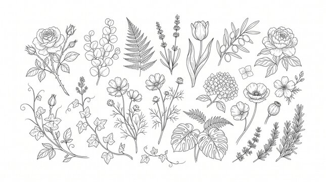 Collection of handdrawn botanical line art featuring flowers,leaves,ferns and branches.Versatile blackwhite floral elements for invitations,coloring pages,branding,patterns and nature designs.