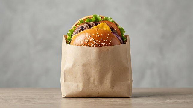 Fresh tasty beef burger with cheese and vegetables inside a brown paper bag on a wooden table surface. eco-friendly burger wrapper
