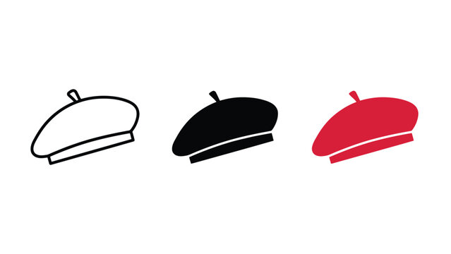 French beret hat vector graphic illustration set featuring black and red outline silhouette design elements